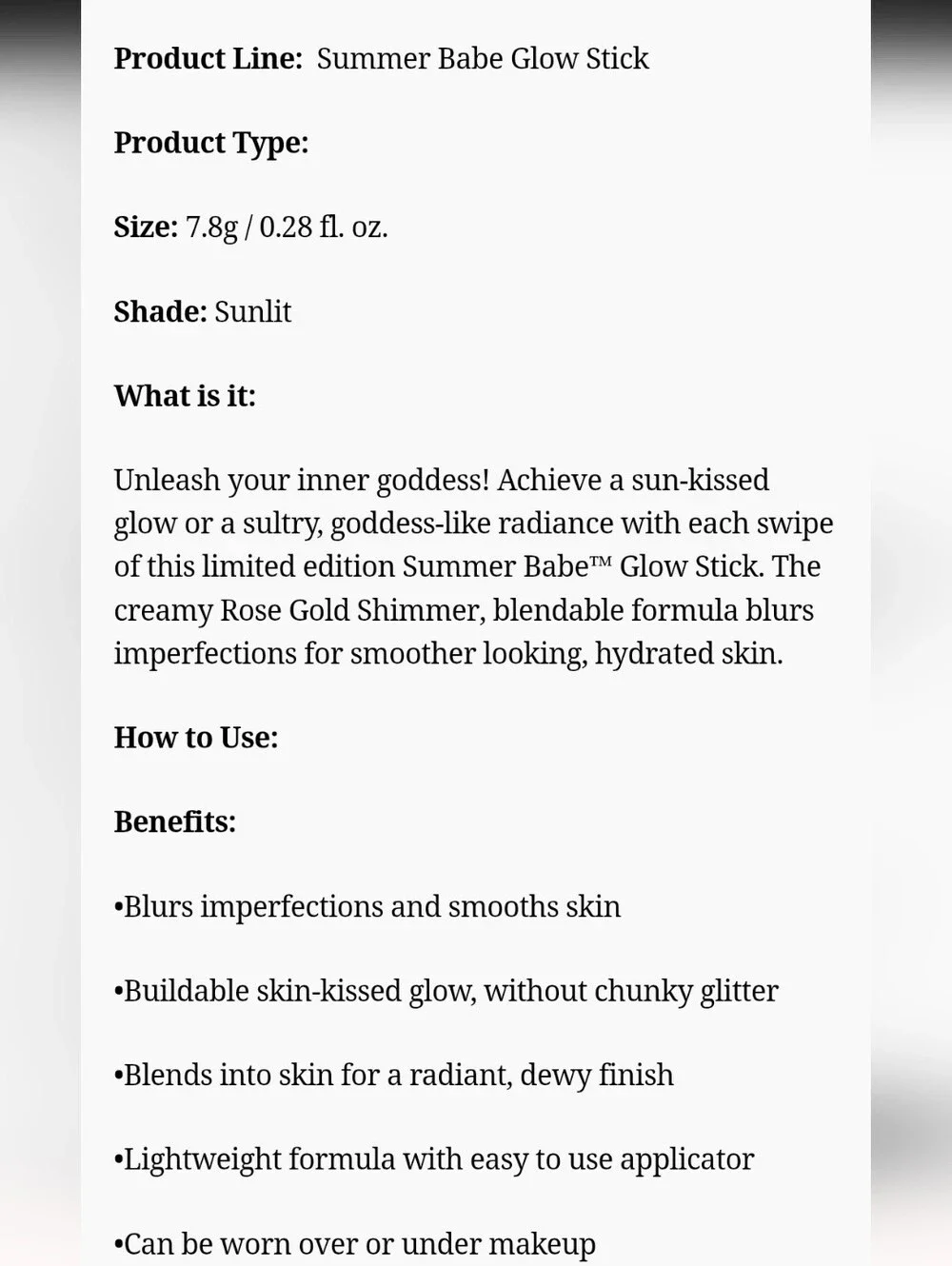 NIB BUXOM summer babe Highlighter Stick In SUNLIT